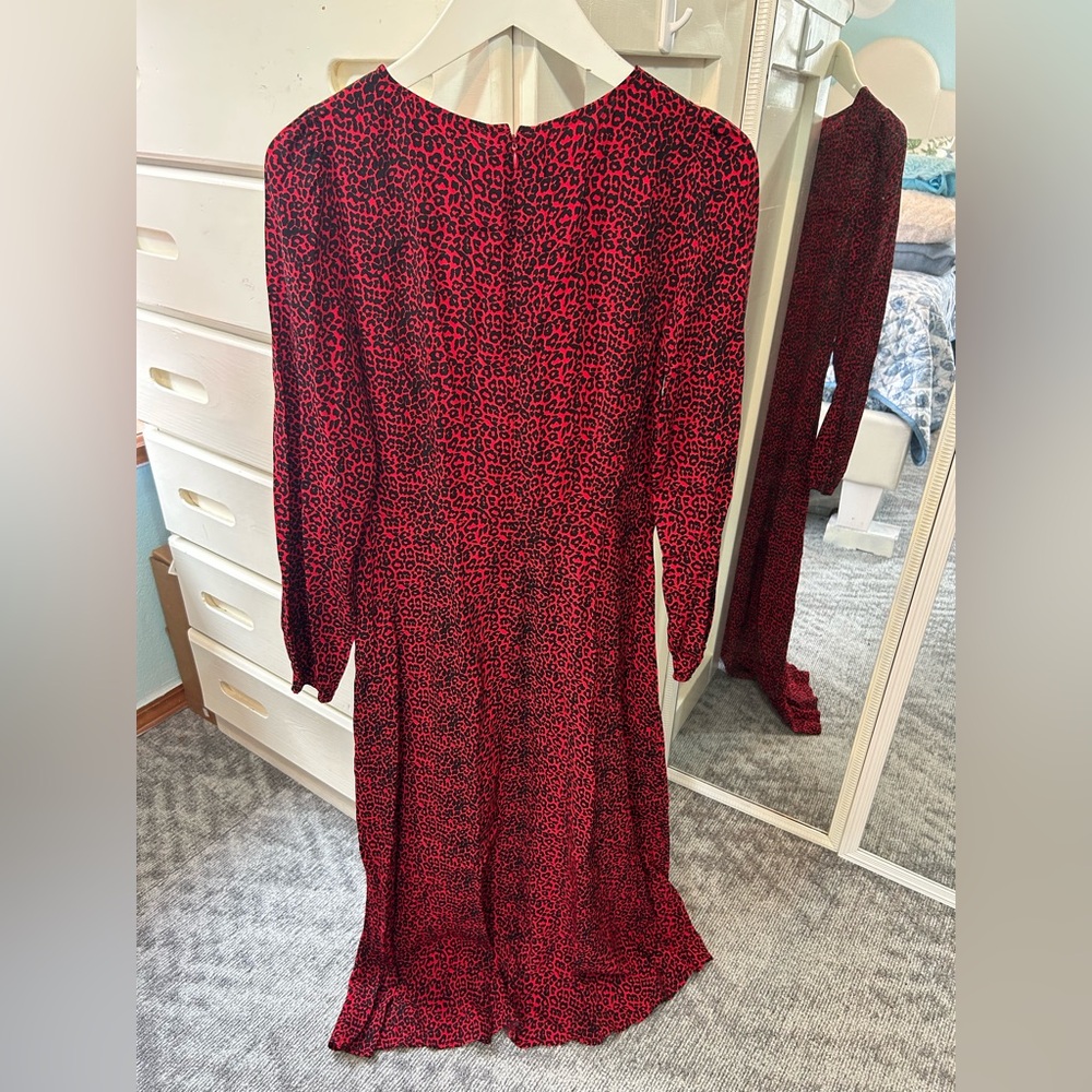 LOFT Leopard Animal Print Slit Midi Dress Long Sleeves Tango Red Holiday Dress✨ - Picture 7 of 10